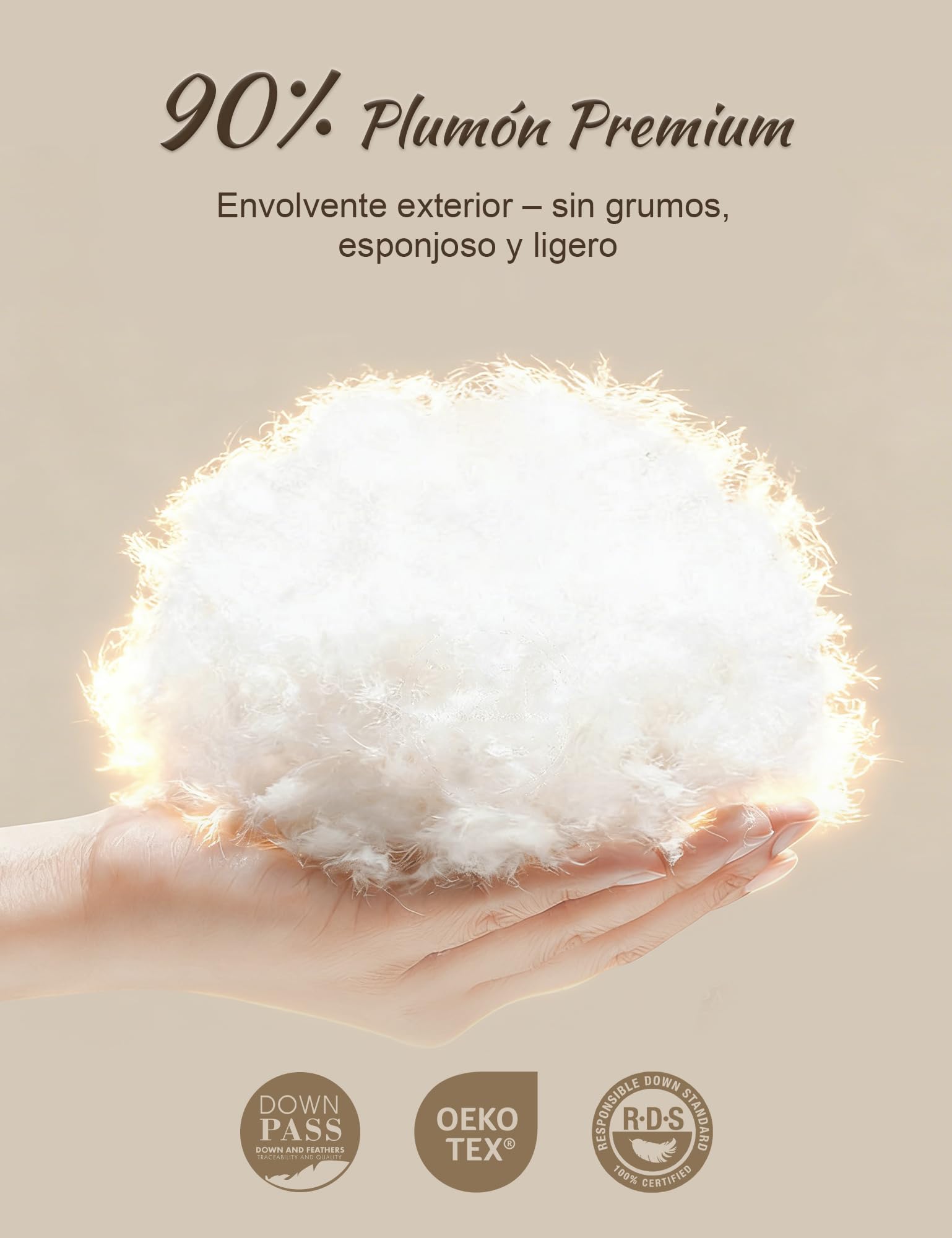 BPC Almohada de plumón 40x80 cm Pack de 2, Almohada 3 Cámaras con 90% Plumón Exterior y Relleno Que Contiene Plumas, Suave con Buen Soporte, Funda 100% algodón orgánico, Lavable