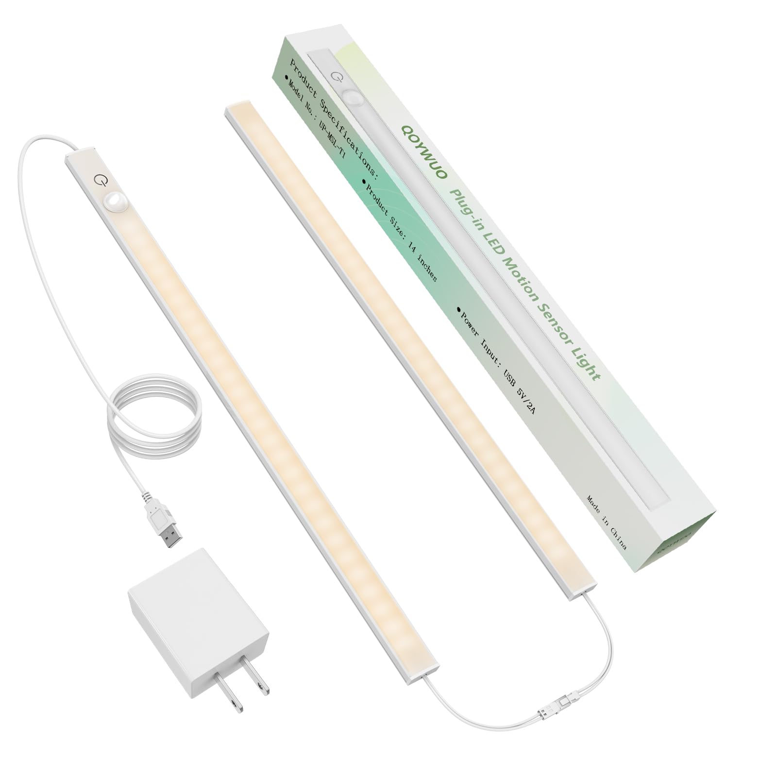 Luce LED con sensore di movimento da 35,6 cm, sottile, USB plug-in per interni, luminosa e dimmerabile, 3 modalità (on/notte/giorno) per cucina, armadio, armadio - 3000 K bianco caldo, 1