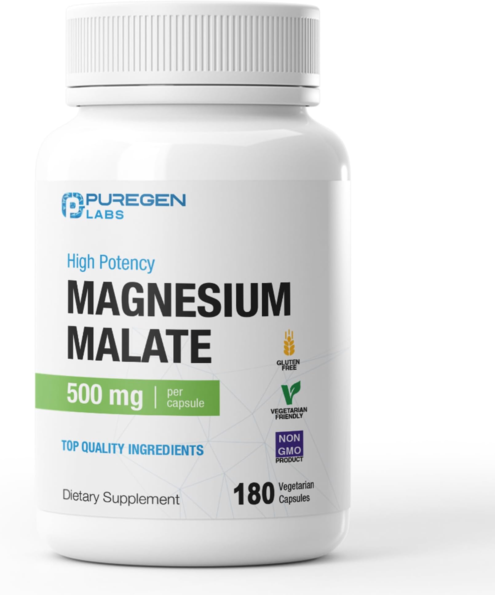 Puregen Labs Magnesium Malate 500mg | High Potency Elemental Magnesium | 180 Veggie Caps, Superior Absorption, Non-GMO, NO Gluten and Dairy, Supports Muscle, Joint, and Heart Health