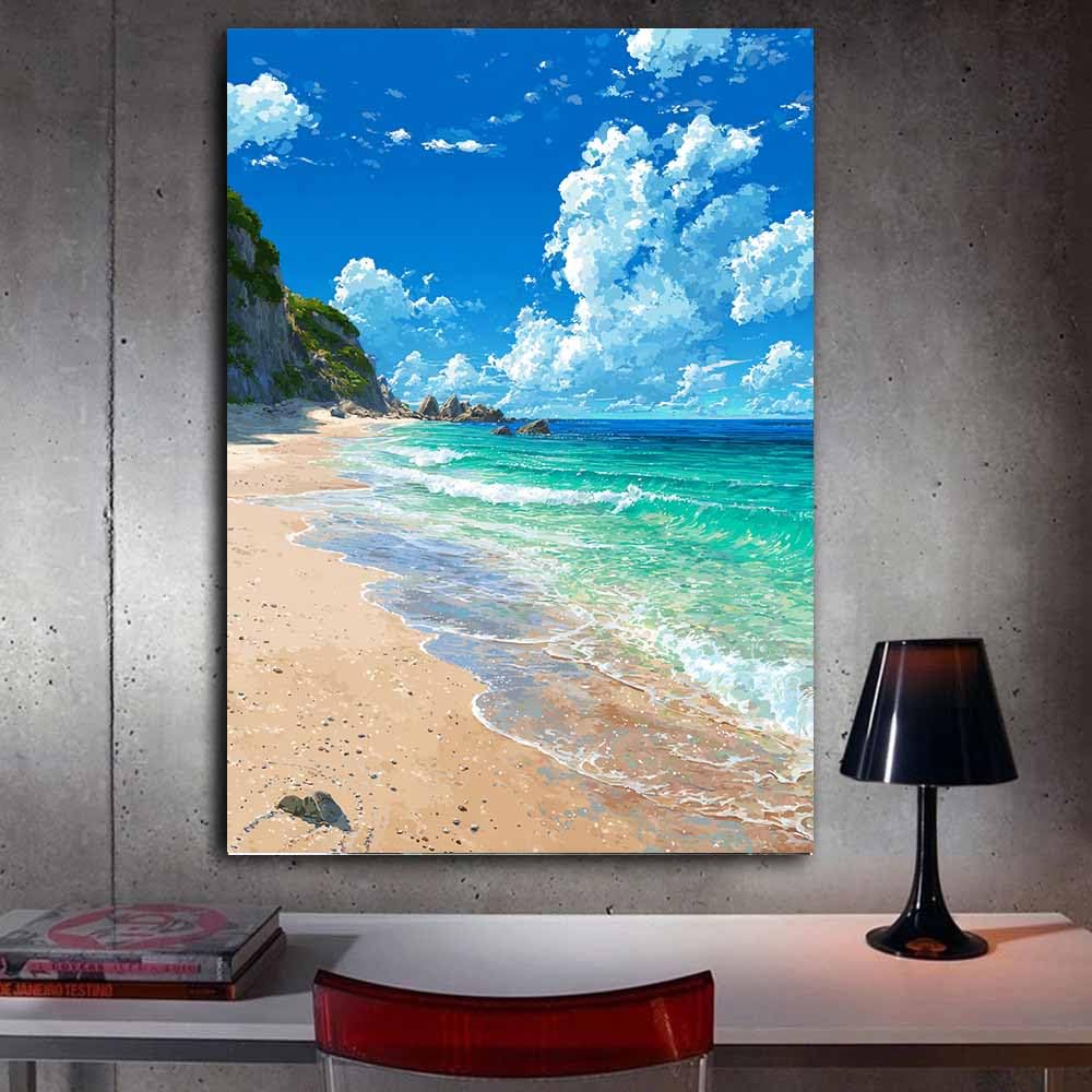 ZAMAEIU Impresión En Lienzo Océano Costas junto a la cala mar, playa,vista, arte de pared, carteles, imágenes para sala de estar, decoración del hogar（azul-70x100cm Enmarcado