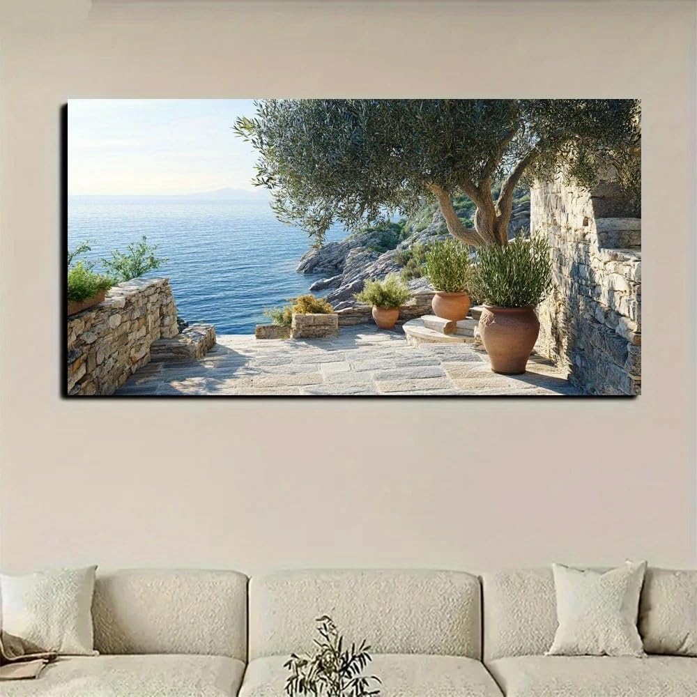 GOSRD Coastal Stone Pathway With Olive Trees And Sea View Canvas Prints Wall Art Modern Vintage Home Office Decor(80X160cm)