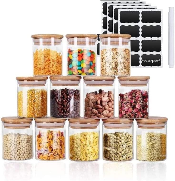 FGOGO 8.5OZ/250ML Set of 12 Kitchen Glass Storage Jars with Bamboo Lids, Airtight Glass Food Containers with Labels, Suit for Sugar, Salt, Coffee, Tea, Nuts, Spice and Other Dry Food Storage,Stackable