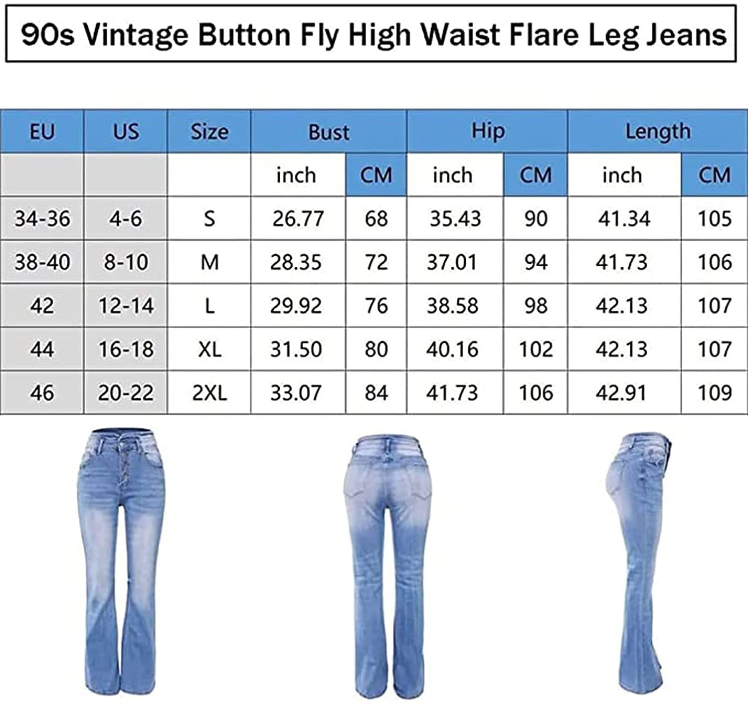 Jeans De Pierna Acampanada Cintura Alta Con Botones Vintage De Los Años 90, Pantalones De Pierna Ancha Tiro Alto Jeans De Mezclilla Azules Elásticos, Classic Pull-On Stretch Denim Bell Bottom Vaqueros