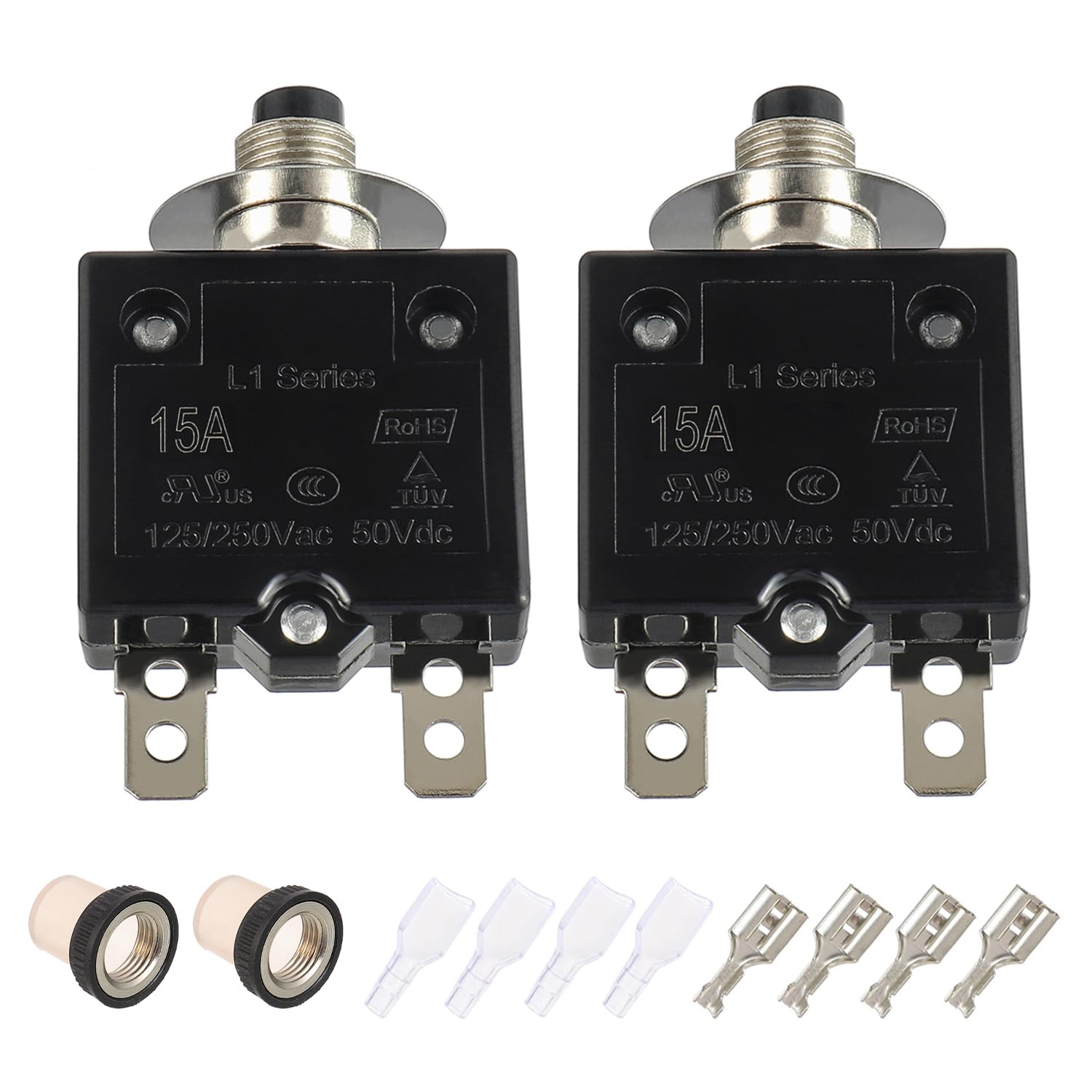 EPLZON 15A Manual Reset Push Button Circuit Breaker 125/250V AC 50V DC Thermal Overload Protector with Quick Connect Terminals and Waterproof Button