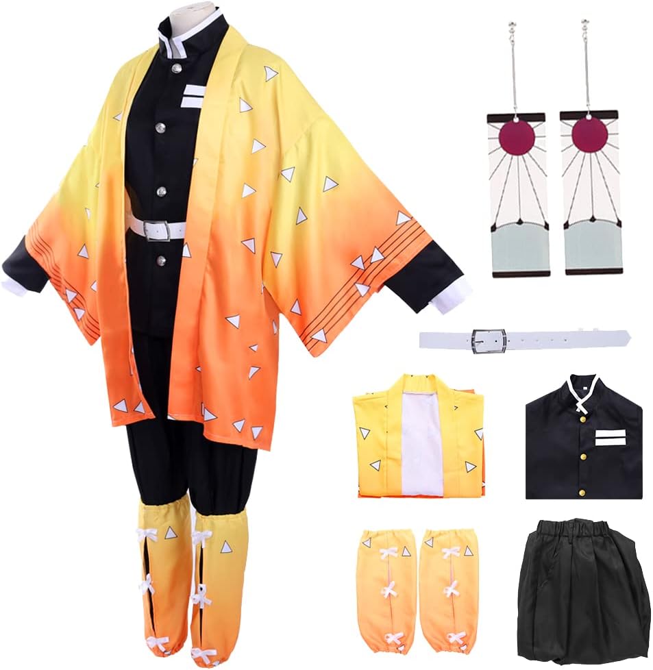 Alaiyaky Agatsuma Zenitsu Cosplay Kimono Outfits, 8pcs Demon Slayer Zenitsu Cosplay Anime Clothes for Kids Halloween Costume Cloak for Women