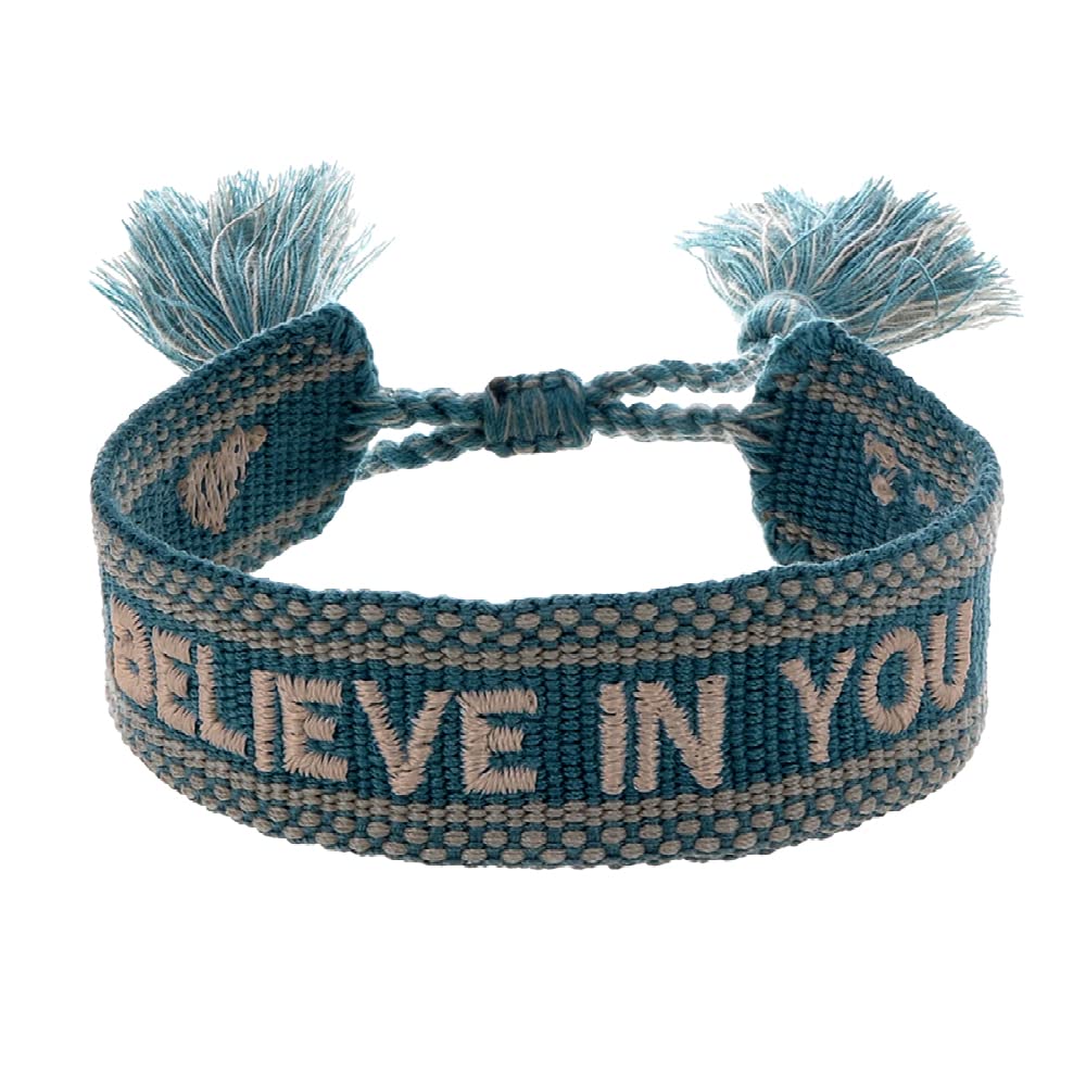 Engelsrufer Damen Armband aus Polyester und Baumwolle in grün beige mit BELIEVE IN YOU Stickerei - Kordelverschluss - größenverstellbar