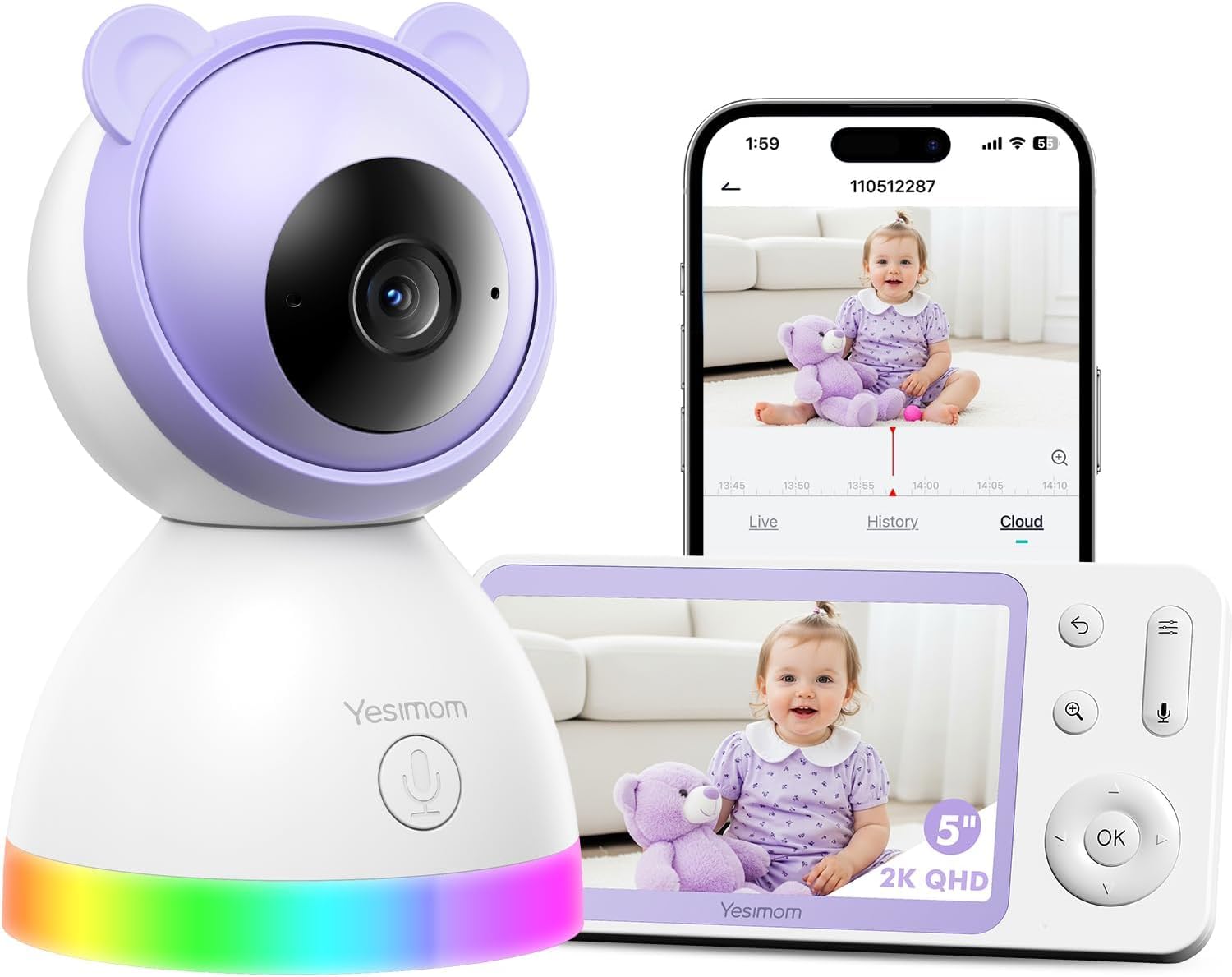 YESIMOM Babyphone with Camera 2K/3MP, 5" HD WLAN Video Babyfon with App, IR/RBG Nachtsicht, PTZ 360°, Weinging/Bewegungs-Erkennung, AI-Tracking, Bereich Alarme, 2-Wege-Audio, Hohe Reichweite