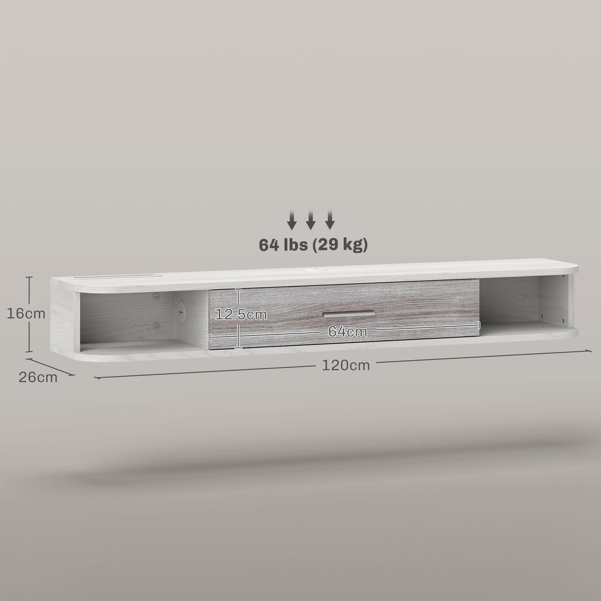HOMCOM Mobile TV Sospeso con 2 Ripiani Aperti e Armadietto ad Anta Ribaltabile, Mobile Porta TV in Legno, 120x26x16 cm, Bianco e Grigio