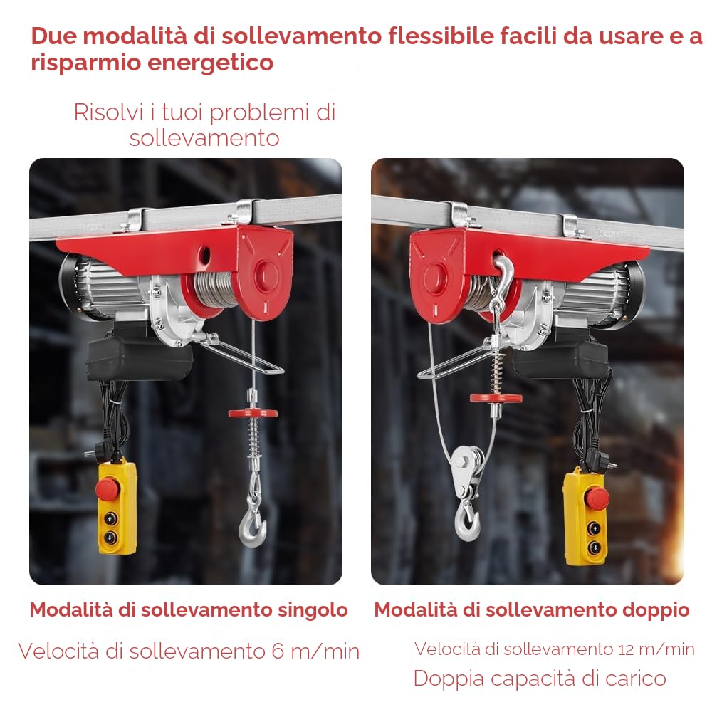 TEENO Paranco elettrico 1450 W, Sovraccarico Ascensore Verricello elettrico 220 V 20 M, sospensione singola e doppia, 400 KG/800 KG, 6 m/min |12 m/min Rosso (400 kg/800 kg)
