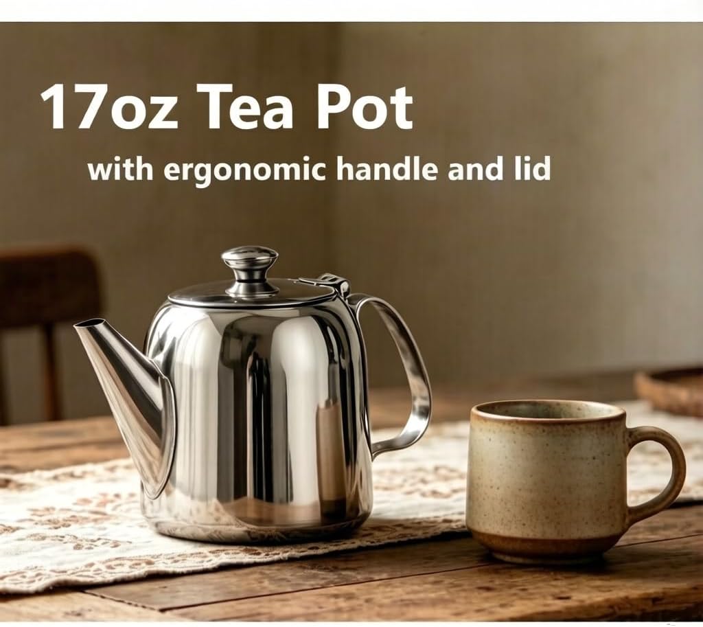 17oz Small Teapot for Stovetop, Stainless Steel Coffee Pot with Ergonomic Handle for Home, Restaurant, Camping, Suitable for Water, Milk, Juice, Fruit Tea