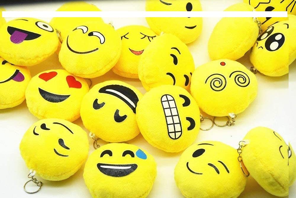 TOYS ON HILLS ® Round Emoji Face Plush Soft Cushion Fluffy Smiley Keyrings & Keychains Random Designs I Make In India I - (A Pack of 10 Nos)