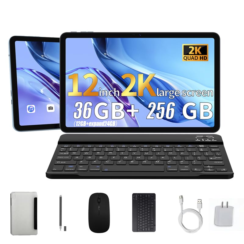 Image of redbeat 12 Inch Tablet, 2026 Android 15 Gaming Tablet with Keyboard Pen Case, 36GB RAM 256GB ROM, 2K IPS Display, 13MP Camera, 2.0GHZ, 8-Core, 5G WiFi & Bluetooth 5.0, 8000mAh Battery (Black)