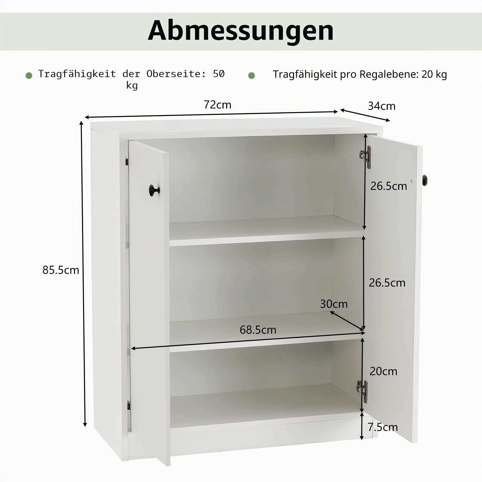 KOMFOTTEU Sideboard mit 2 Türen, Buffet Anrichte mit Kippschutz, Kommode Beistellschrank für Wohnzimmer, Esszimmer, Schlafzimmer, Eingangsbereich, 72 x 34 x 85,5 cm (Weiß)