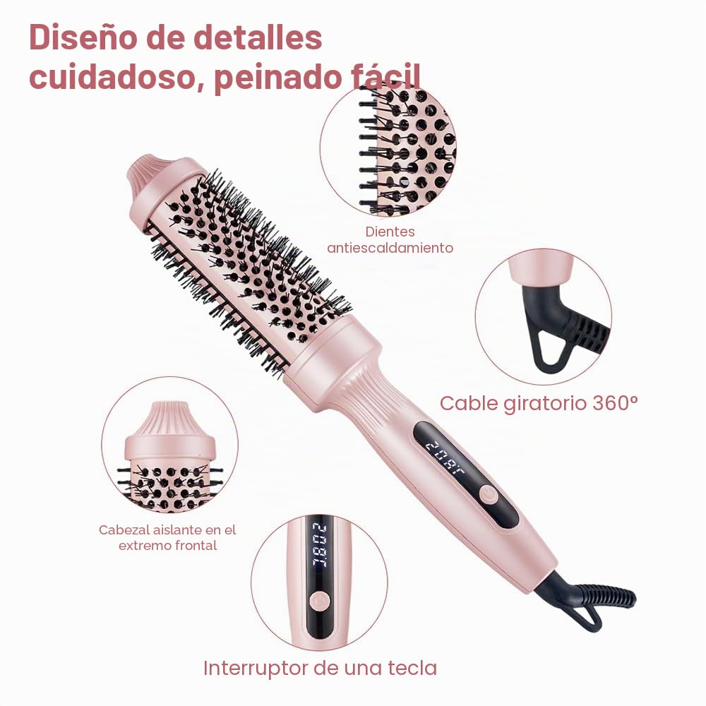 Thermal Brush Cepillo Térmico Redondo, Cepillo Rizador Calentado de 38mm, Peine Alisador de Cabello, PTC Redondo Cepillo de Pelo Caliente para Rizado y Cabello Liso, 100-230 ℃, Cable 2M, Doble Voltaje