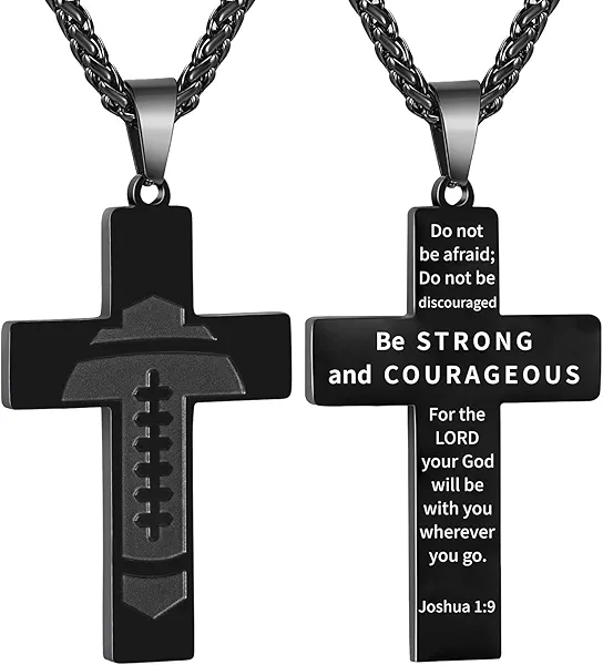 GLITTO Football Cross Necklace for Boys Men Stainless Steel Bible Verse Pendant with 20+2 Inch Chain First Communion Baptism Religious Sports Jewelry Gift