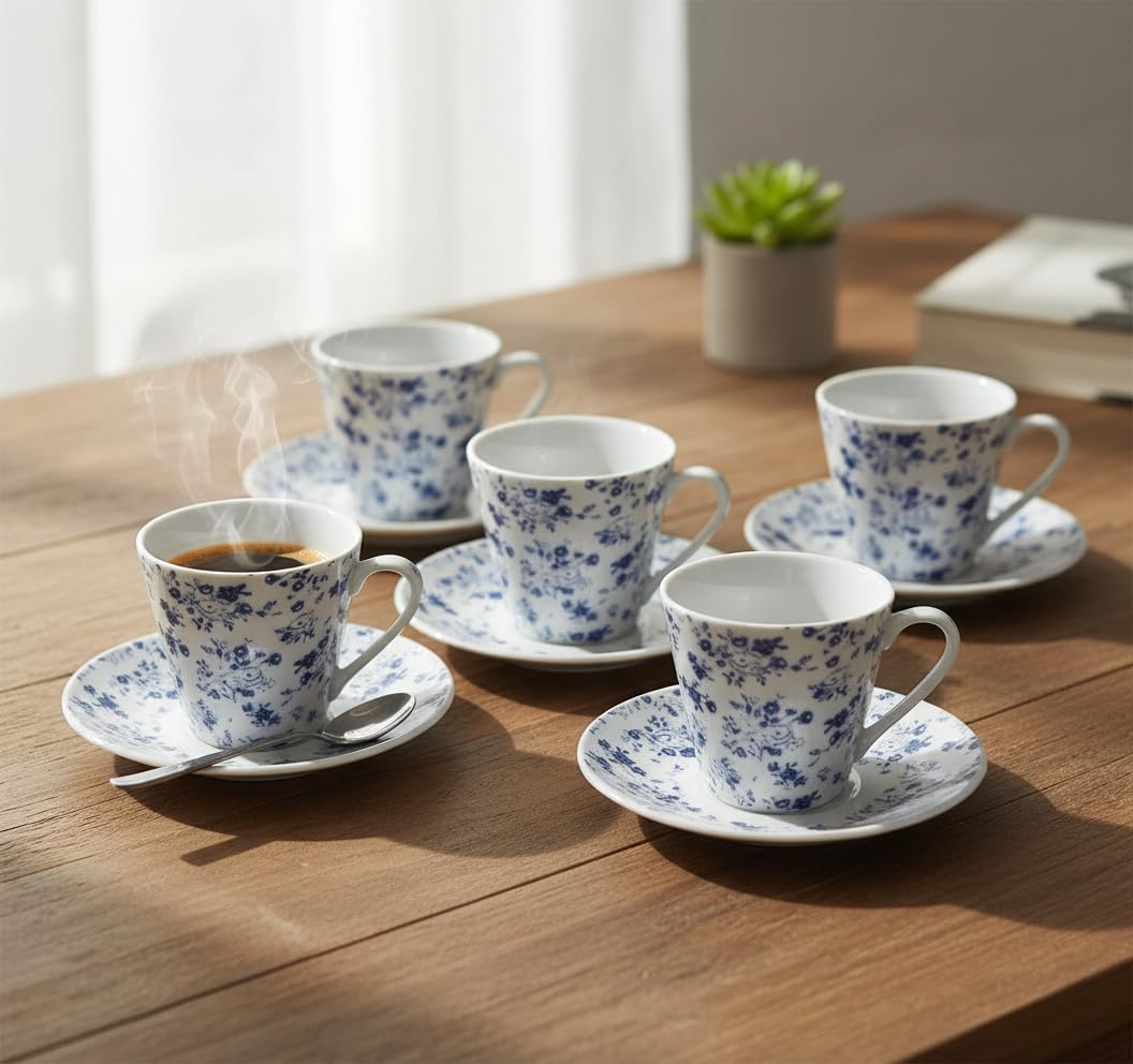 Service à café 6 petites tasses 90 ml avec assiette, céramique blanche avec fleurs bleues vintage, passe au lave-vaisselle et au micro-ondes, pour invités de fête
