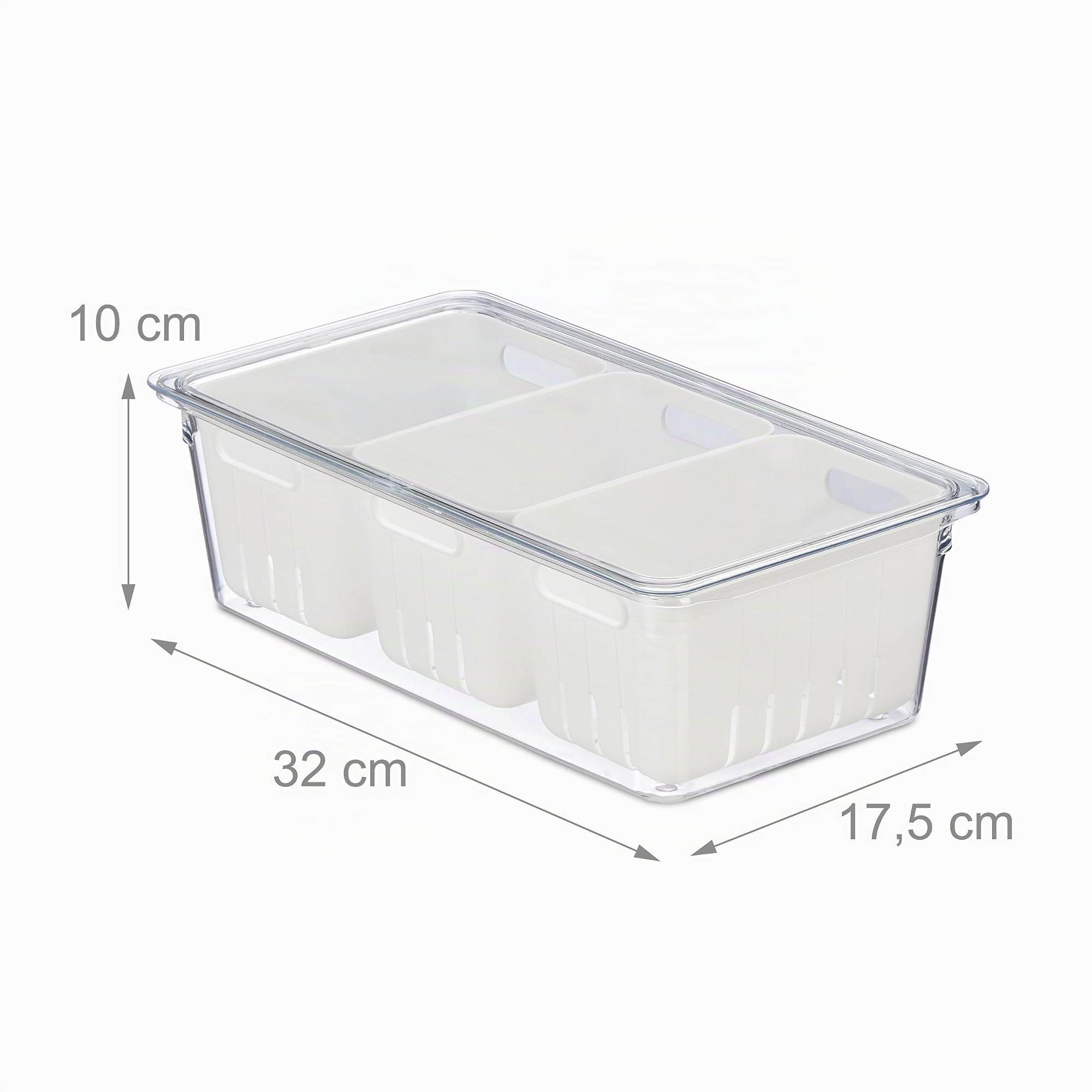 Relaxdays Organizador Nevera, Set 4, Apilable, 3 Cestas Escurridoras, Almacenaje Alimentos con Tapa, Transparente/Blanco