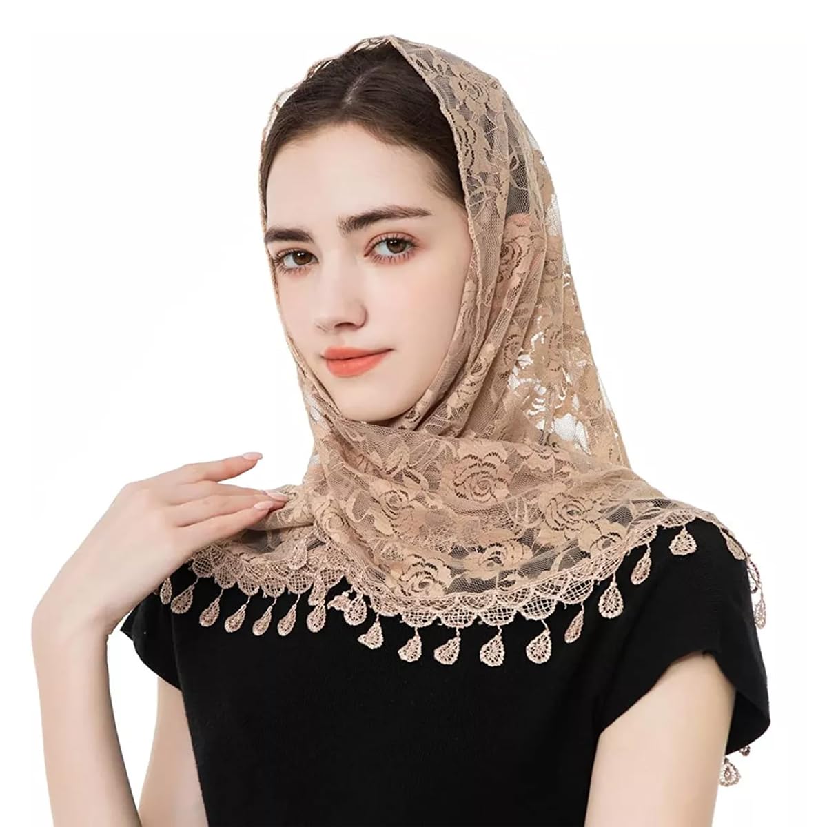 PALAY Lace Mantilla Triangle Veil for Church, Tassel Scarf, Brown
