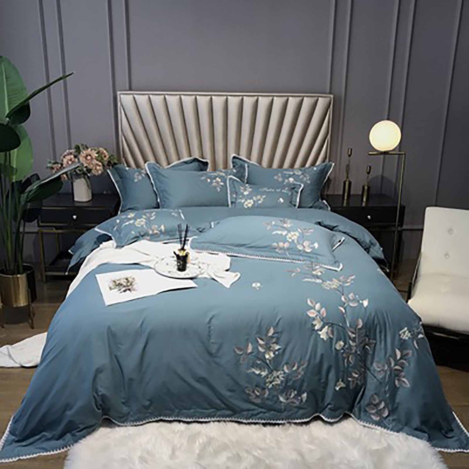 TONZNLong-staple CottonKing Size Quilt Set, 4 Piece Lightweight Bedsheet/Quilt Cover/Bedding Set with 2 Pillowcases, Floral Branches Pattern, (245x270 CM, Blue) (size)