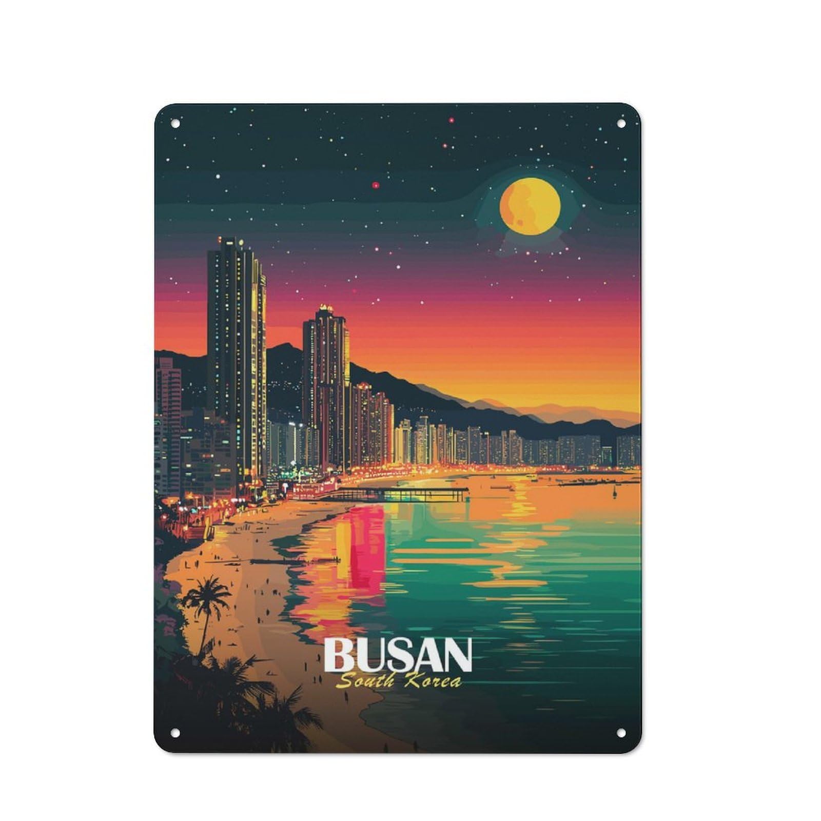 Junmoney Style-7 Rustic Tin Sign 40X30cm Featuring Busan South Korea Night Cityscape For Living Room Wall, For Room Styling Across Living Rooms And Feature Walls
