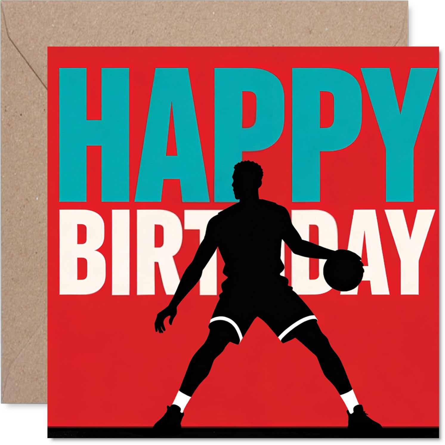 Playful Birthday Card - Bursting with Energy - Basketball Player Silhouette on Bold Red Backdrop - A Slam Dunk for Sports Fans - 145mm Square, Envelope Included