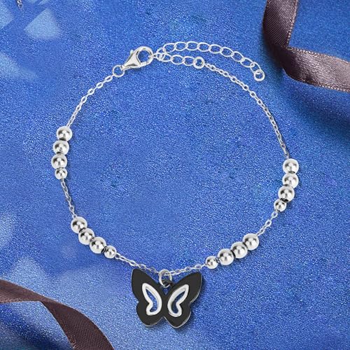 Image of 925 sterling silver Butterfly Charm Bracelet, 925 Silver Bead Chain, Black Ceramic Butterfly,Hollow out design,Suitable for Mother's Day and Valentine's Day gifts