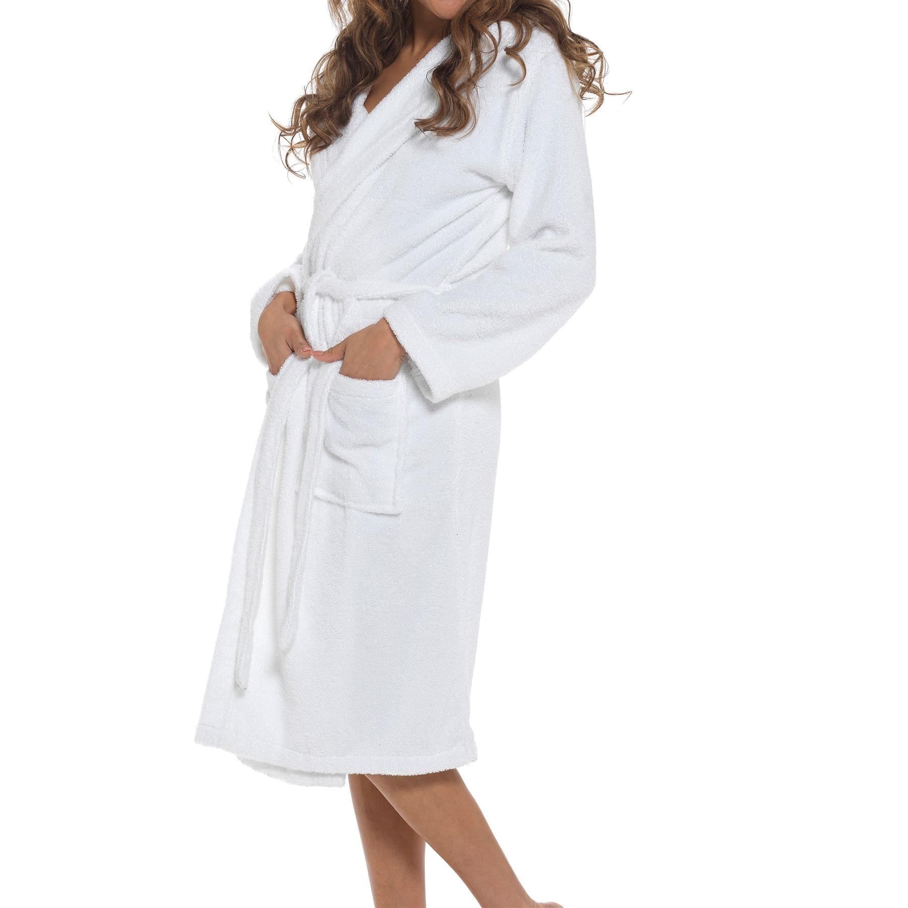 A2Z Ladies 100% Cotton Towelling Bathrobe Hooded Dressing Gown - Robe 140 White 20-22