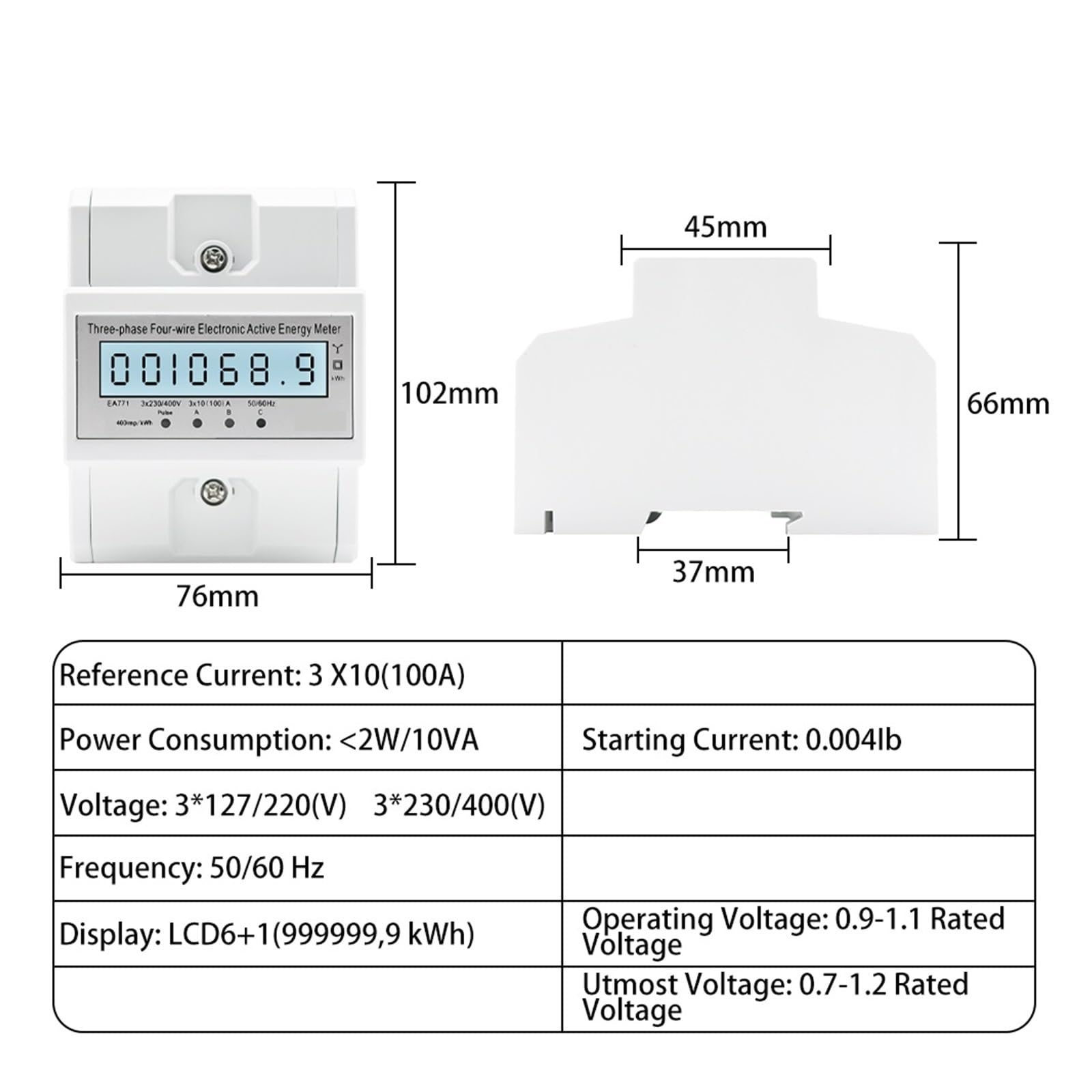 Contatore di energia su Guida DIN AC 230 380V 3 Fasi 4 Fili Consumo energetico Wattmetro 100A 50/60Hz Retroilluminazione LCD