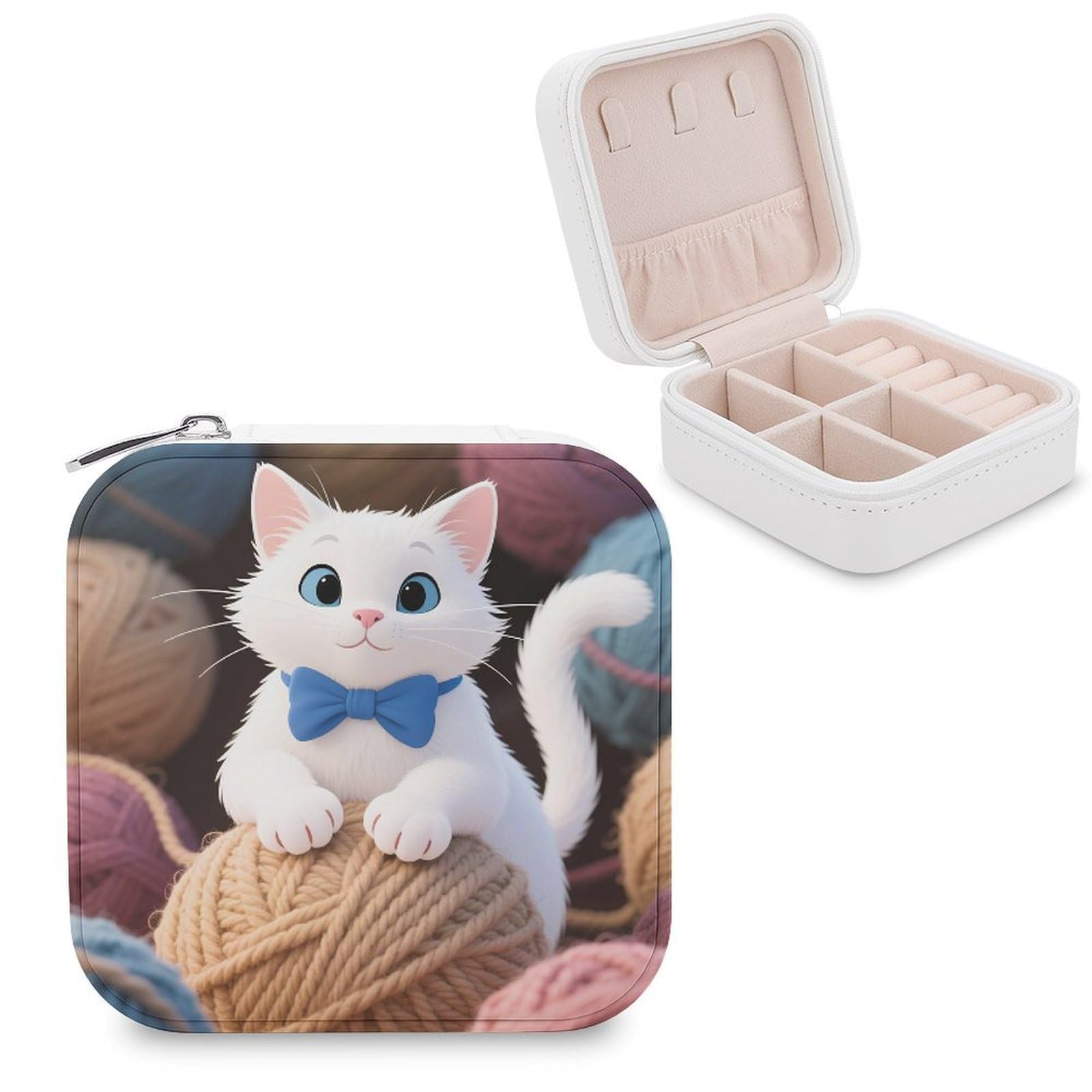 VstaDank White Cat Jewelry Box for Women Jewelry Organizer Storage Case with Zipper Mini Travel Jewelry Case Cute Trinket Organizer Leather Portable Jewelry Storage Box
