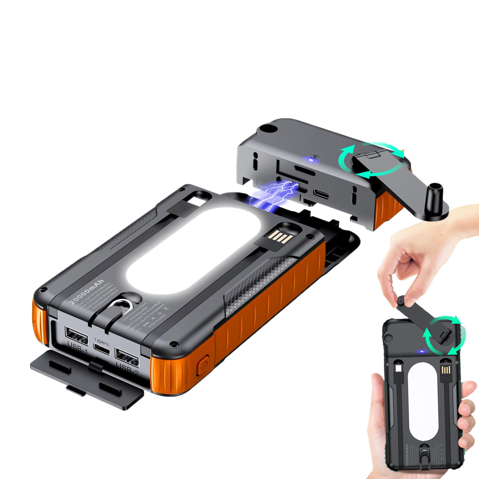 Caricatore Solare Power Bank Resistente Agli Urti Con Torcia | Batteria Portatile Solare Con Manovella Manuale Per Uso Esterno Per Telefono Per Campeggio Escursionismo Viaggio Pesca Zaino