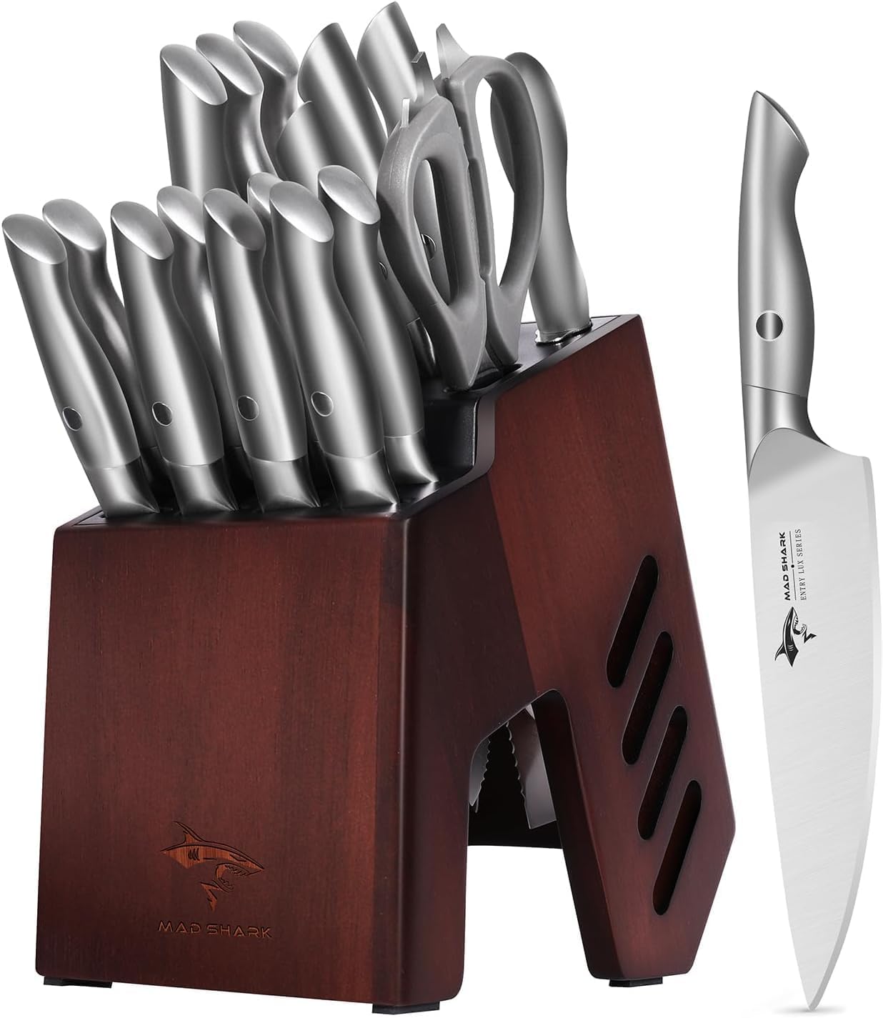 MAD SHARK Knife Sets for Kitchen with Block, 17 Pieces Knife Block Set, Wooden Block German Stainless Steel Chef Knife Set with Bread Knife and Steak Knives, Dishwasher Safe, Sliver