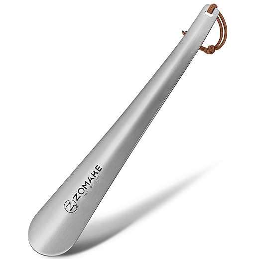 ZOMAKE Metal Shoe Horn, Long Stainless Steel Shoe Horn, Shoe Horn Metal for All Sizes of Feet, 30 cm with Rope and Hanging Holes