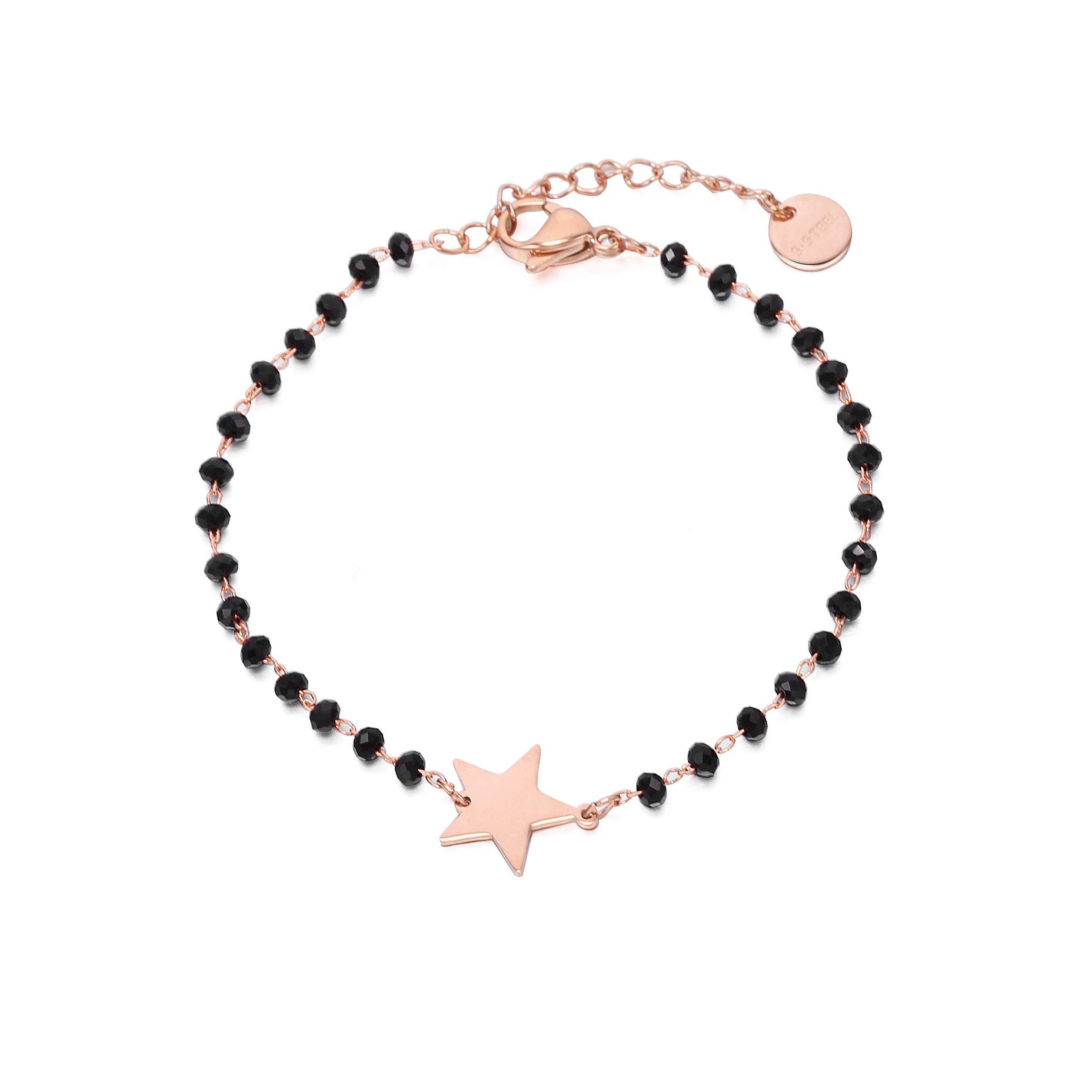 pengjin-Bracciale con ciondolo a quadrifoglio portafortuna, in acciaio inox, con perline nere, semplice braccialetto portafortuna