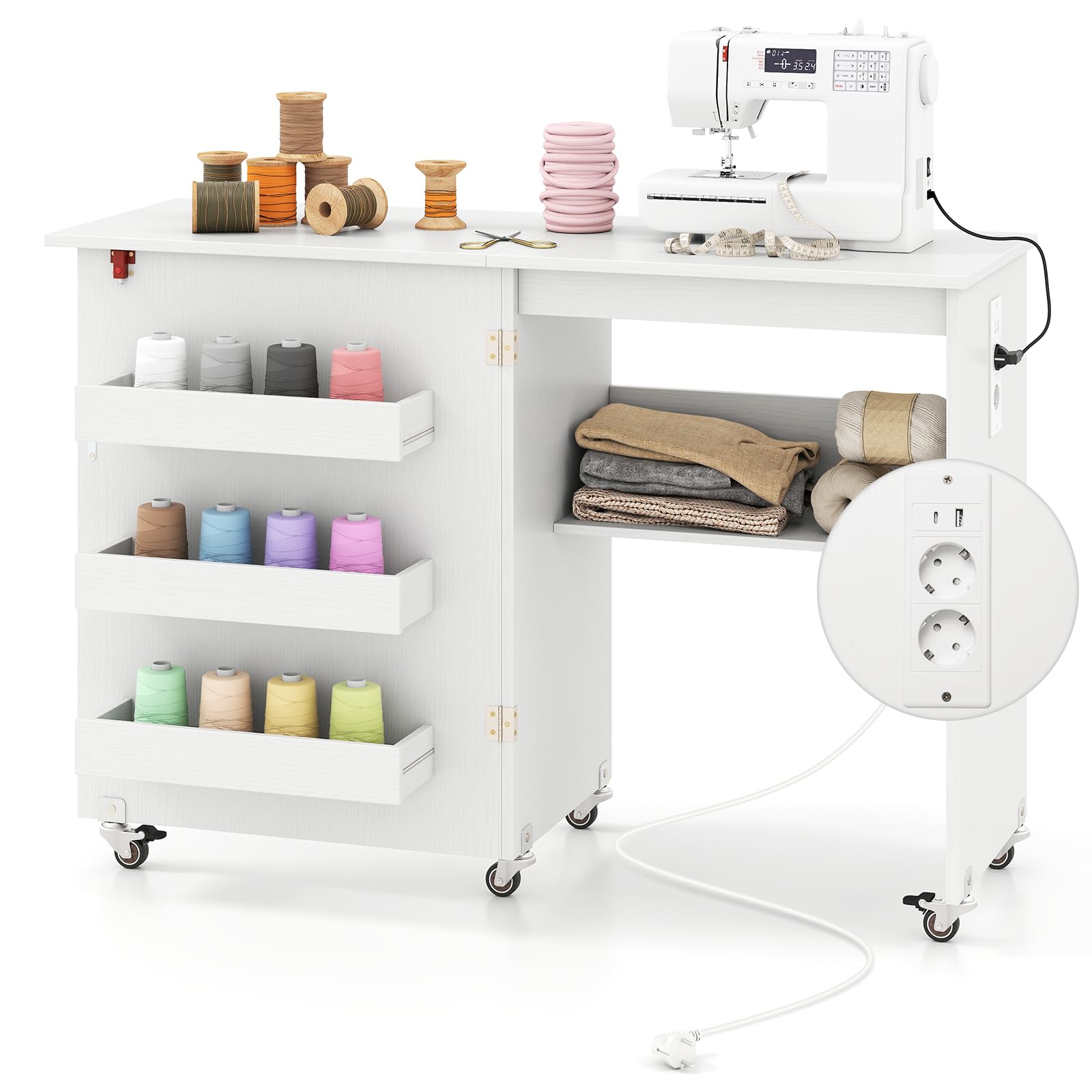 COSTWAY Mesa de Costura Plegable con Estación de Carga, con Estantes y Contenedores, Gabinete de Almacenamiento Rodante Multifuncional con Ruedas Bloqueables para Hogar, Dormitorio (Blanco)