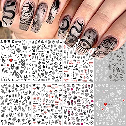 8 Sheets Skull Nail Art Stickers 3D Self-Adhesive Acrylic Nail Kit Designs Charms Nail Stickers Heart Skull Snake Black Nail Sticker Designer Nail Art Supplies for Women DIY Nail Decoration