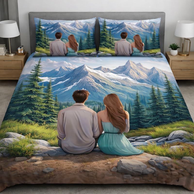 Image of DECOR WELL Premium 7D Digital Print Polycotton Double Bed Sheet with 2 Matching Pillow Covers - Soft, Wrinkle-Resistant & Vibrant Bedroom Decor - Mountain Couple