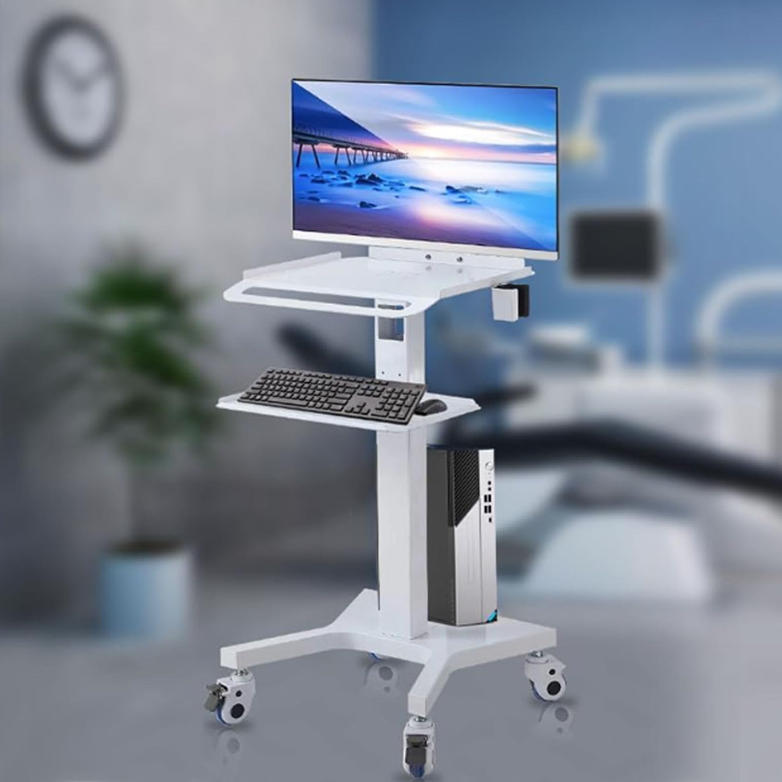 Carrello medico per postazione di lavoro portatile con ruote, carrello da laboratorio con supporto per scanner, scrivania per computer portatile per cliniche, ospedali, uffici, design a doppio strato