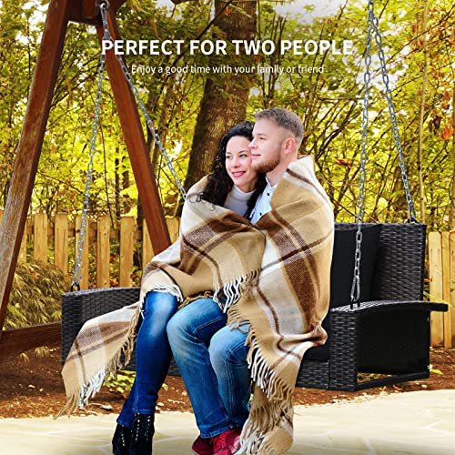 Relax4Life Porch Swing 2-Seat Patio Rattan, Wicker Porch Swings Outdoor W/ Two 7.9 Ft Solid Steel Chain, Comfortable Back & Seat Cushions, For Front Porch, Garden, Backyard Patio Swing (Black) #TOP2