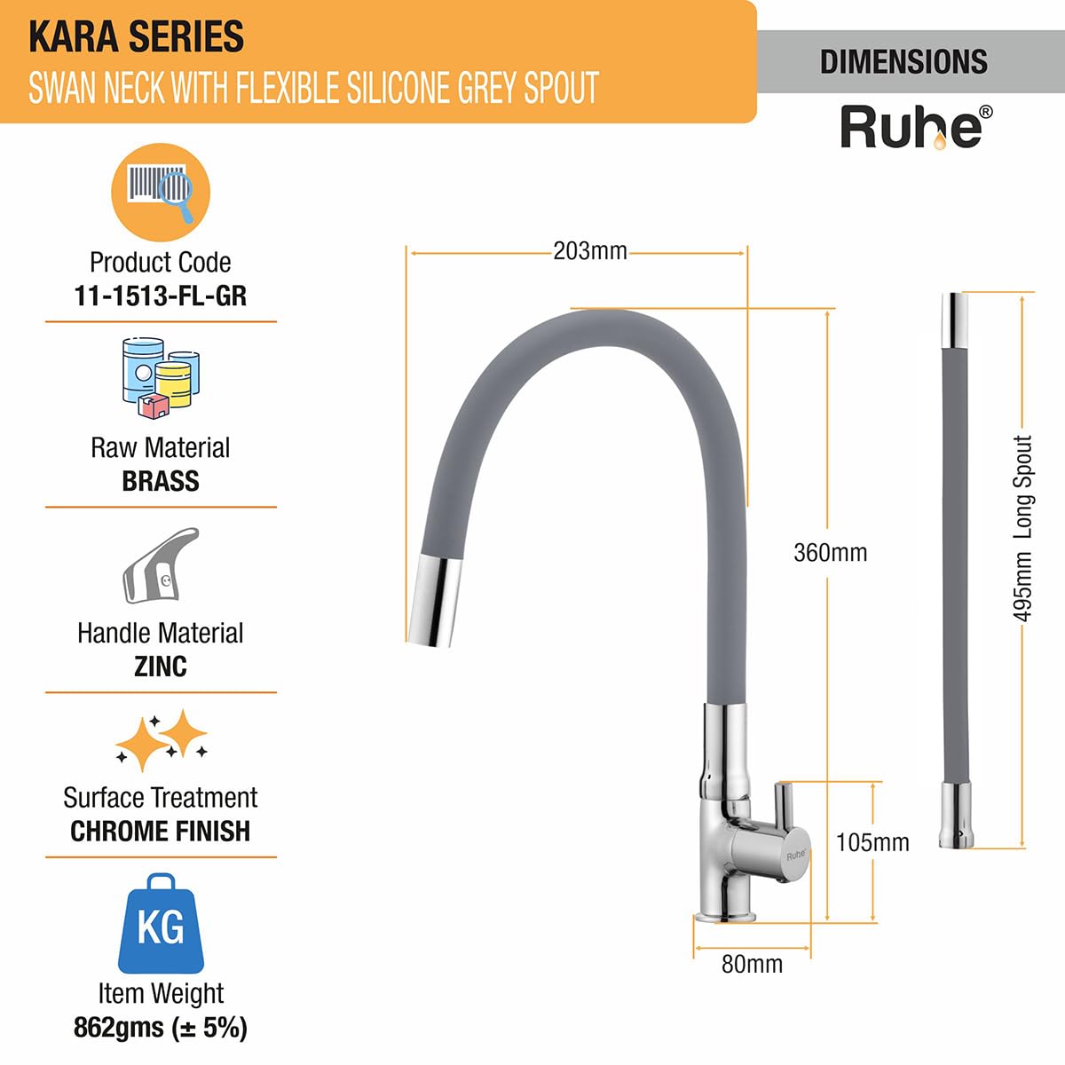 Ruhe Kara Swan Neck Faucet - Grey Kitchen Tap -3