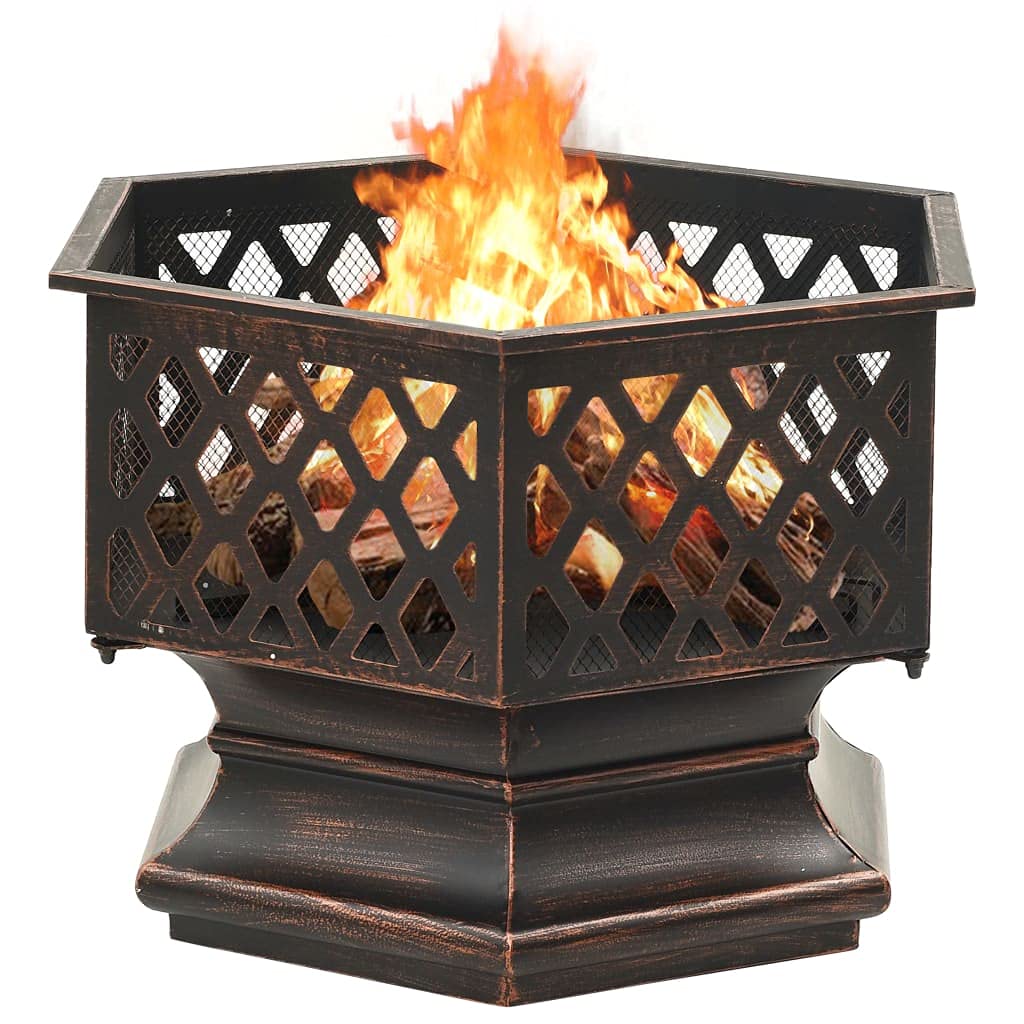 Feuerkorb mit Schürhaken Rustikal 62x54x56 cm XXL Stahl für Garten Terrasse, große Feuerschale mit Netzabdeckung und Ring, sicherer Funkenflugschutz