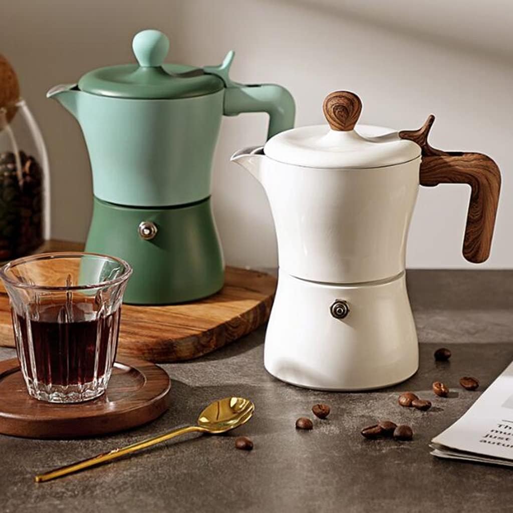 Estufa italiana para café expreso, cafetera de aluminio de 3 tazas, cafetera Moka con mango de madera (blanco)