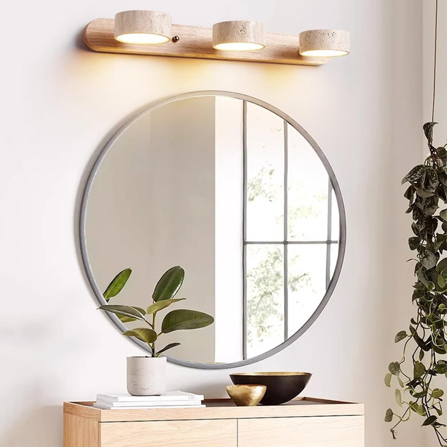 LED Spiegelleuchte aus Travertin, dimmbar mit drehbarem Schirm für Bad & Make-up im Landhausstil (Naturholz, Ø51cm, Warmweiß)