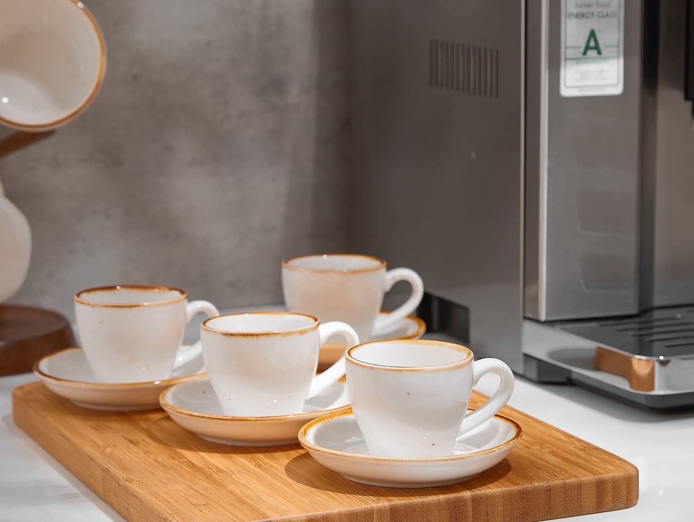 ONEMORE Espresso Cups with Saucers, 2.5 oz Small Cappuccino Mugs Set of 4 Mini Coffee Cups Porcelain Demitasse Cups for Latte, Cafe Mocha, Tea - Creamy White