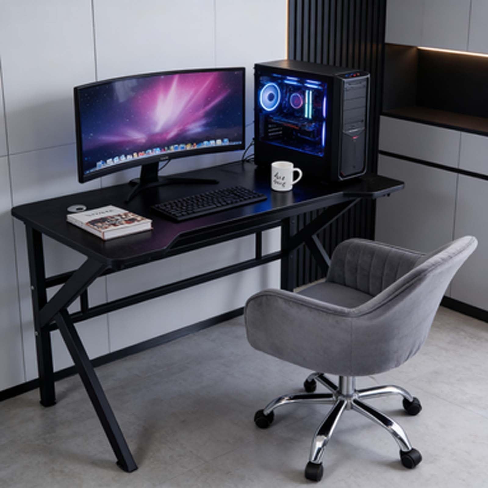 Gaming-Schreibtisch und Bürotisch, ergonomische Computer-Arbeitsstation mit stabilem Stahlrahmen und MDF-Platte for PC-Gaming und Studio(55.12 * 23.62 * 29.13in)