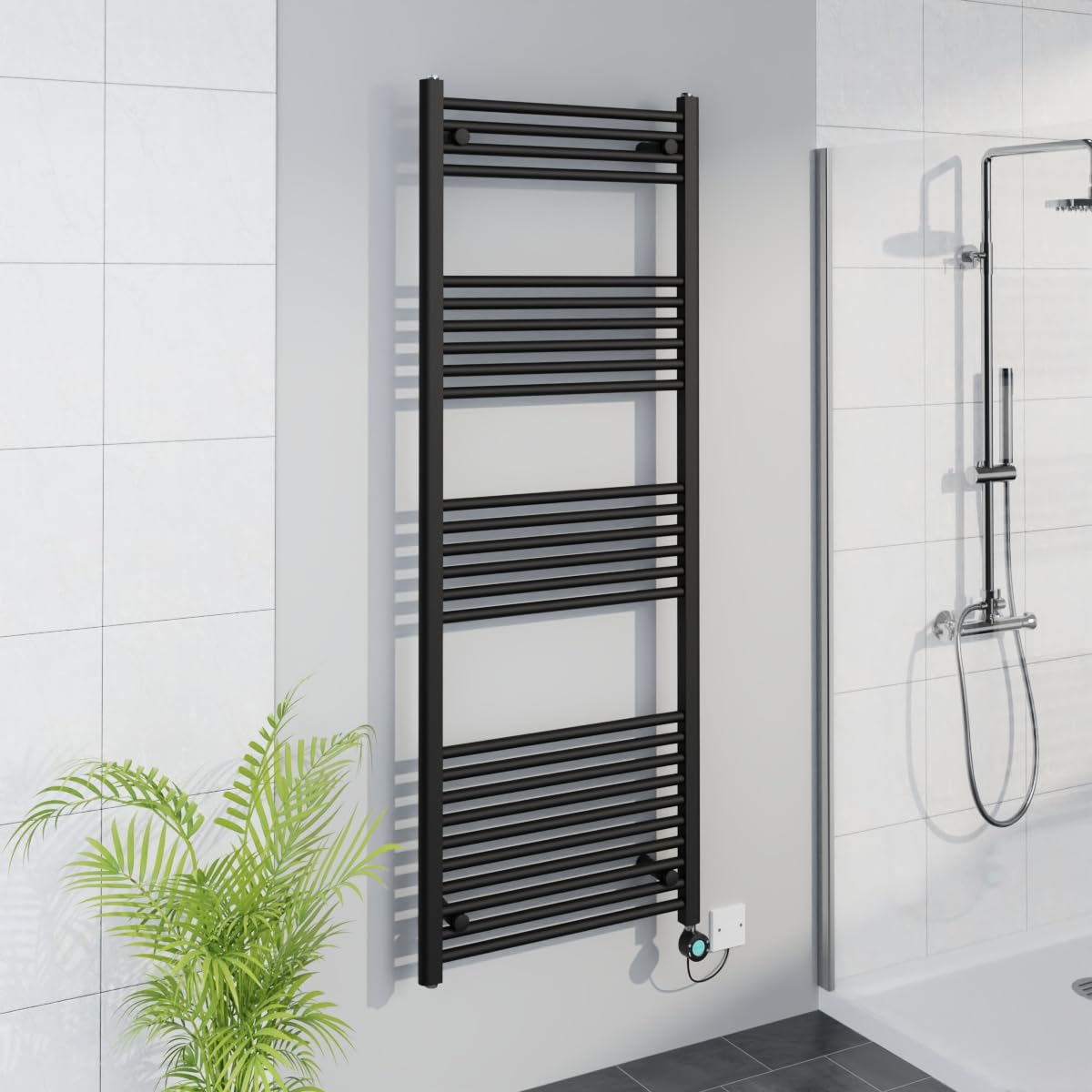 Warmehaus Black Smart Wifi Thermostatic Electric Bathroom Straight Heated Towel Rail Warmer Radiator With Timer 1600X600mm