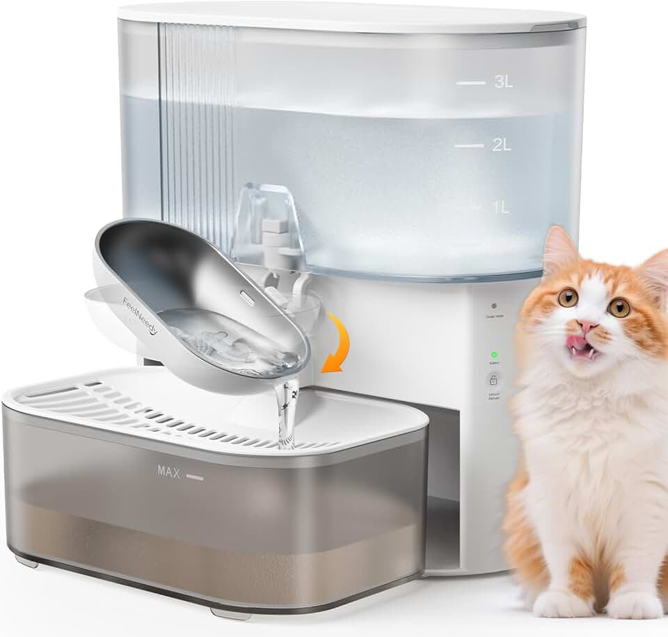 FEELNEEDY Fuente para Gatos Sin Filtro e Inalámbrica con Batería 2000mAh, Separa el Agua Limpia del Agua Usada, Cuenco de Acero Inoxidable, Bebedero Gatos Sin Cable 3,5L, Blanca