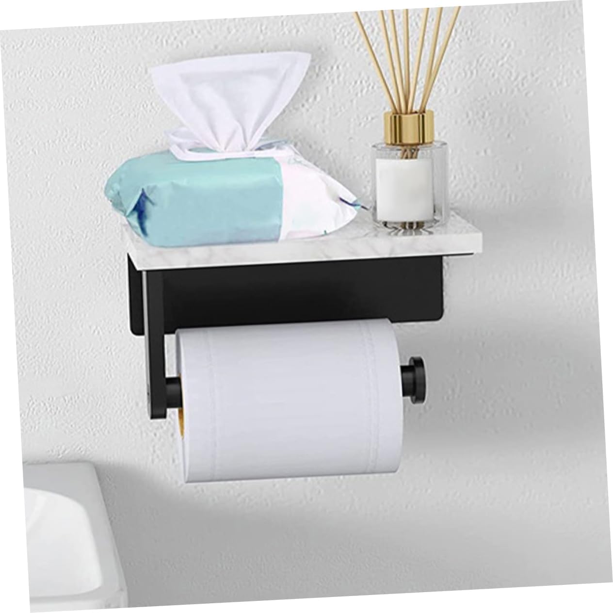 OUNONA Wall Mounted Toilet Paper Holder with Shelf Stainless Steel Marble Tissue Organizer for Bathroom Easy Installation Sturdy Design Multi Functional Storage