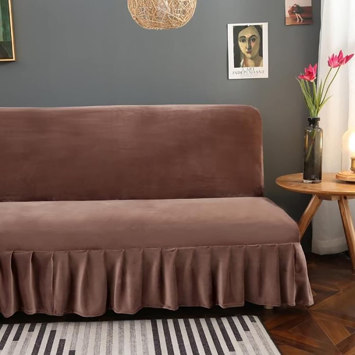 Armless Thick Plush Futon Cover Stretch Velvet Sofa Bed Slipcover Soft Couch Sofa Cover Futon Slipcover Futon Sofa Cover Furniture Bed Protector,47.2"-55",Brown