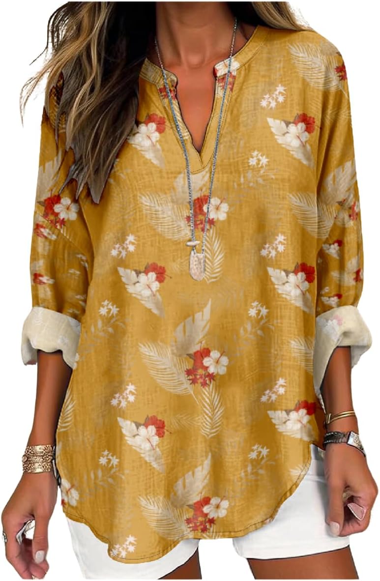 Womens Hawaiian Shirts and Blouses Long Sleeve V Neck Flamingo Print Breathable Sum...