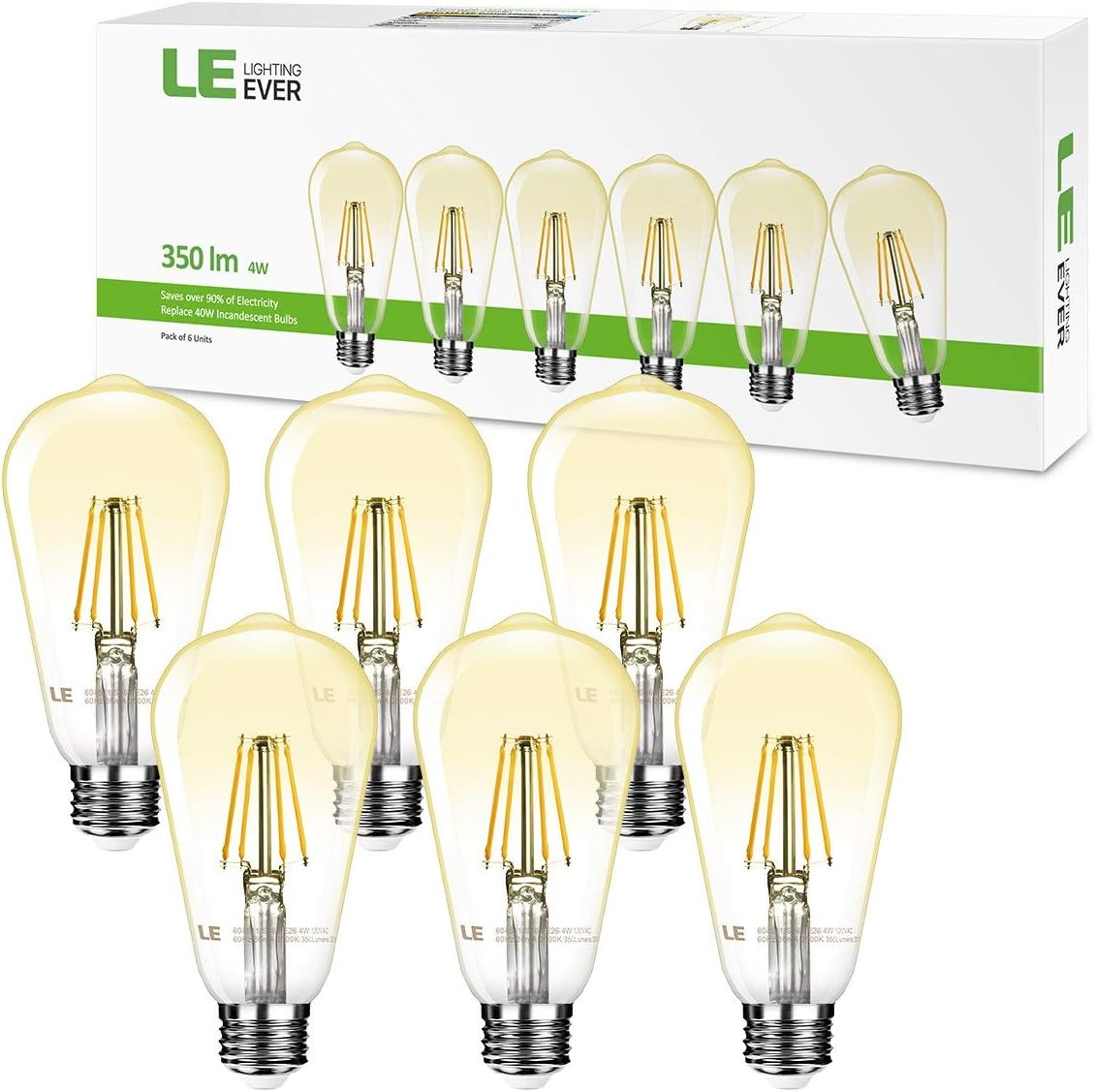 LE ST64 E26 Vintage Edison LED Bulbs, Dimmable, 4W 350 lm, 40W Incandescent Equivalent, Wide Beam Angle, Pack of 6